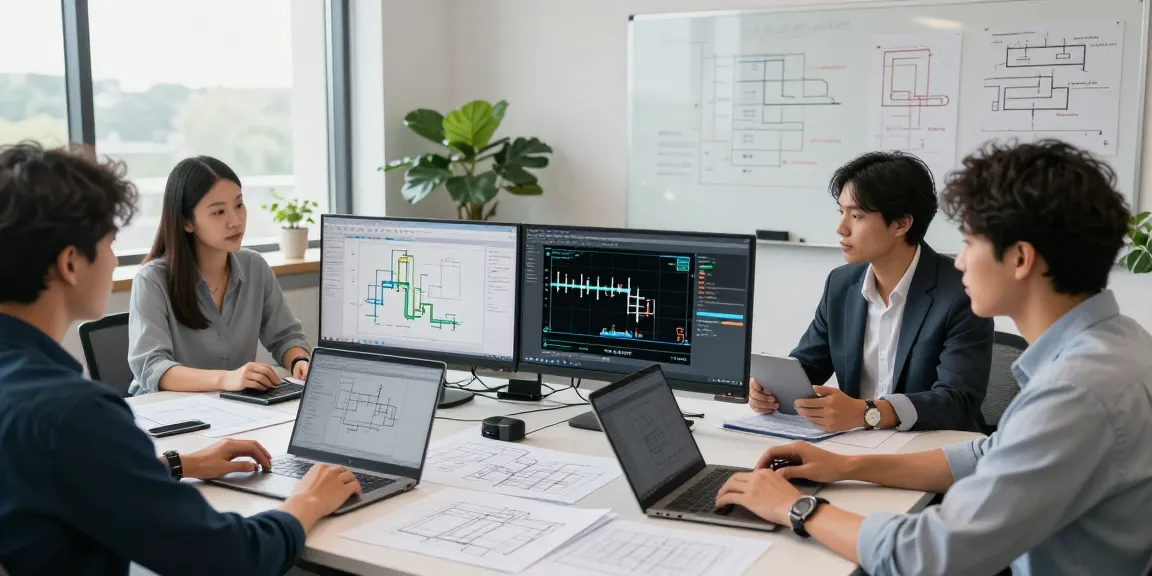 Piping Stress Analysis USA consultation in a modern engineering office with diverse professionals collaborating over technical data and simulations.