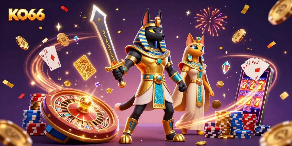 Experience the thrilling action at KO66 with a vibrant casino scene filled with characters and lively game elements.