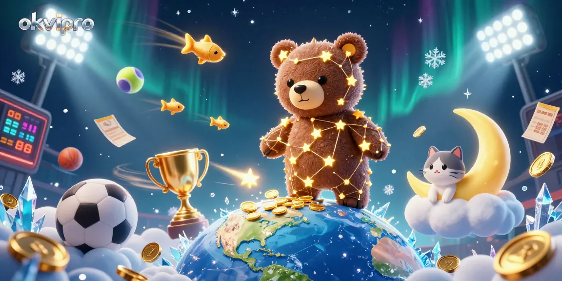 Engage with okvipro's exciting realm where a constellation bear scoops coins in a vibrant casino scene.