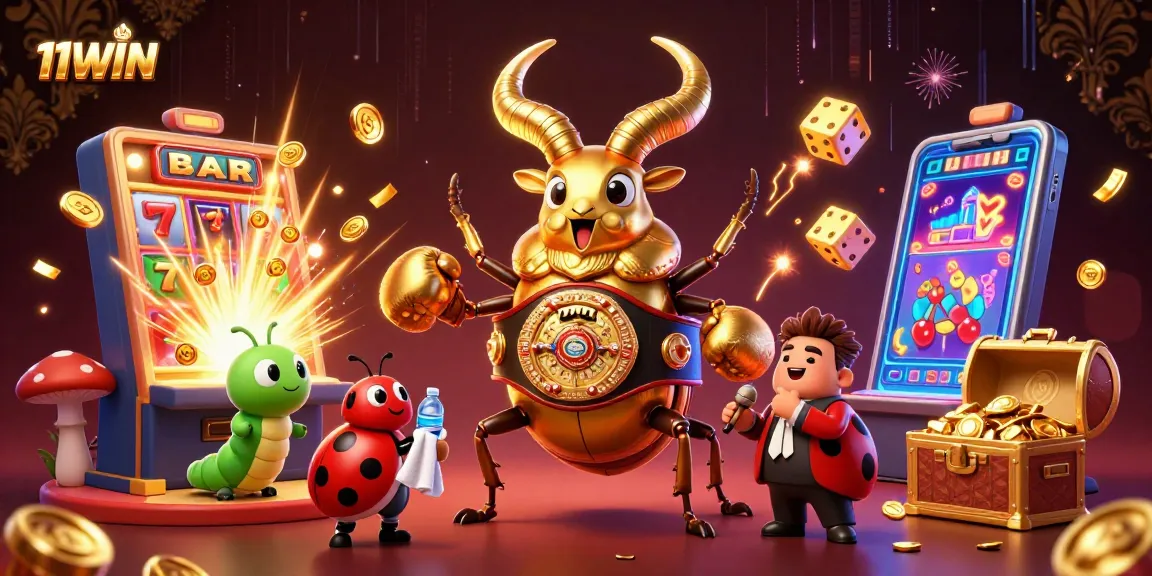 Celebrate big wins at 11WIN with vibrant casino-themed illustration featuring slot machines and lucky symbols.