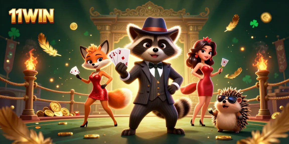 Engage with 11WIN as a suave raccoon shows a royal flush amidst vibrant casino elements.