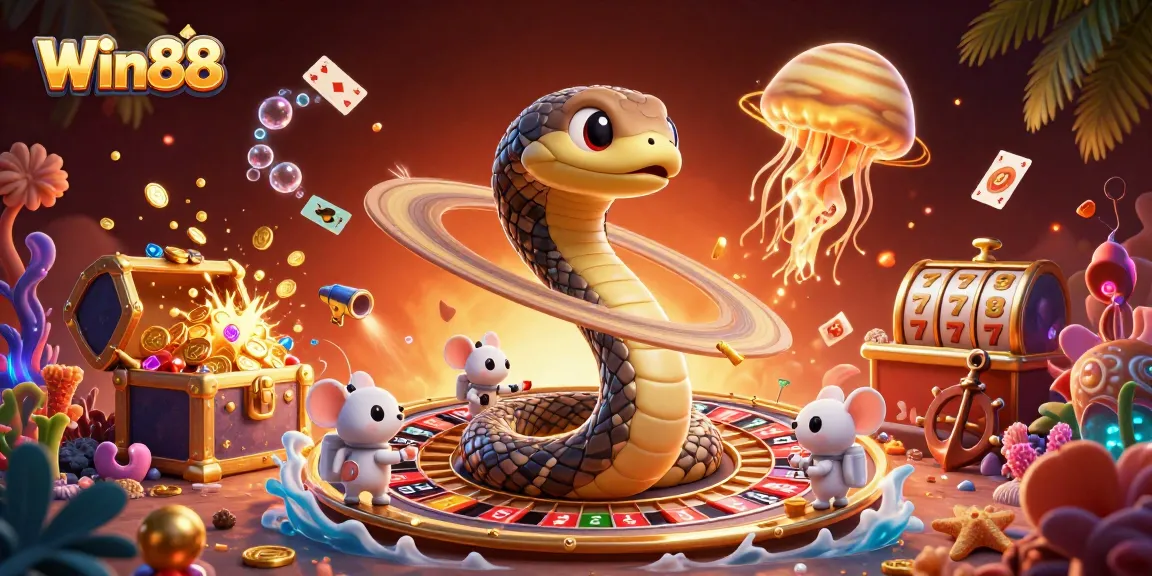 Win88 players engaging in an animated cosmic betting scene with space-themed gaming elements.