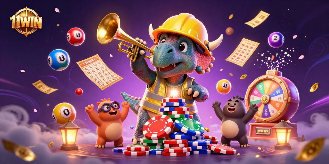 Join 11WIN in excitement with colorful lottery elements and fun gaming characters!