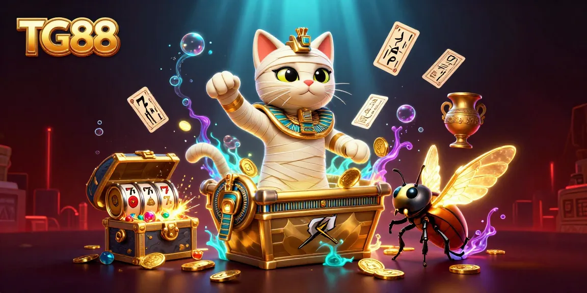 Win big at TG88 with a lively illustration of an Egyptian mummy cat in a pyramid casino setting.
