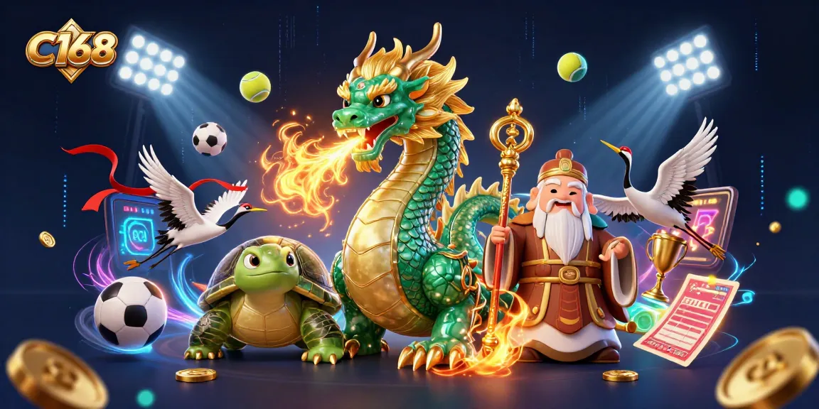 C168 empowers gamers with dazzling visuals of a jade dragon breathing golden fire in a dynamic casino scene.