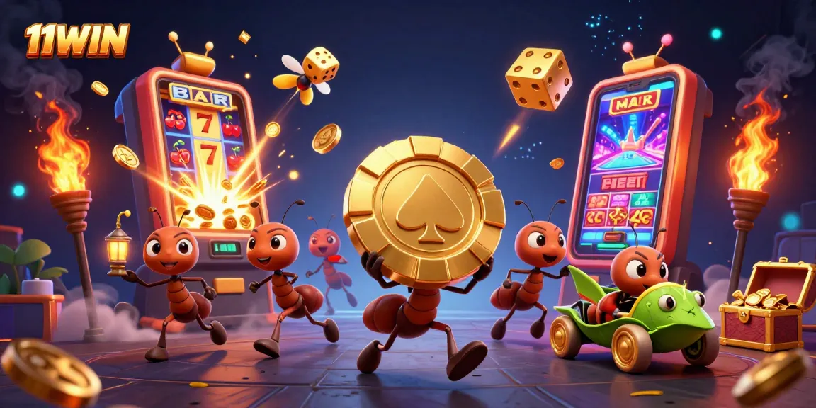 11WIN's animated heist scene showcases ants stealing a golden poker chip amidst a vibrant casino.