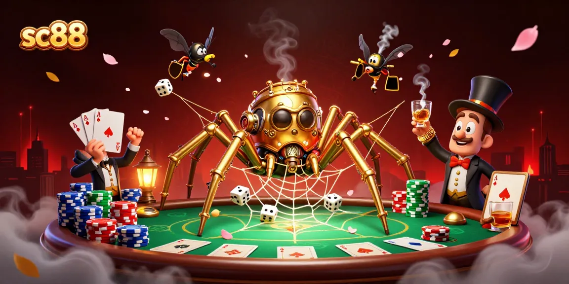 Experience the excitement of sc88 as a steampunk spider weaves a web of fortune and poker chips.