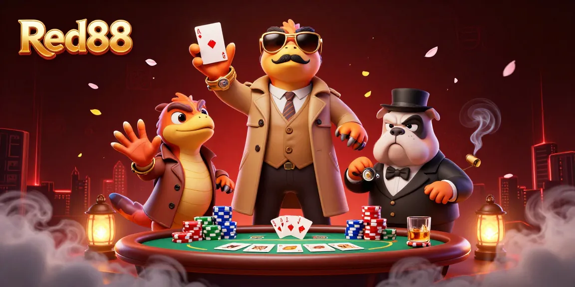 Red88 engages players with an animated scene of raptors and a bouncer in a casino setting.