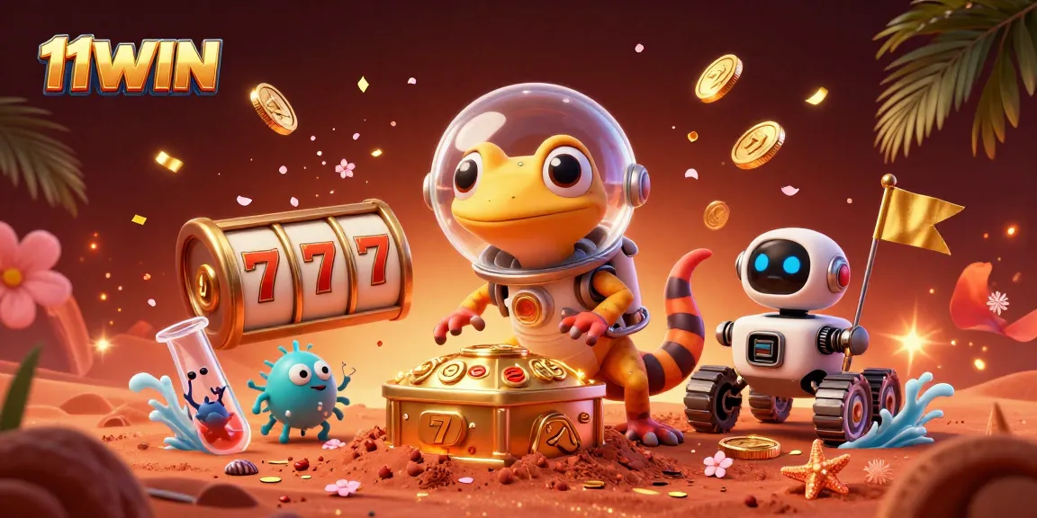 Win big at 11WIN with an immersive Martian casino adventure illustration featuring exciting slot reels.