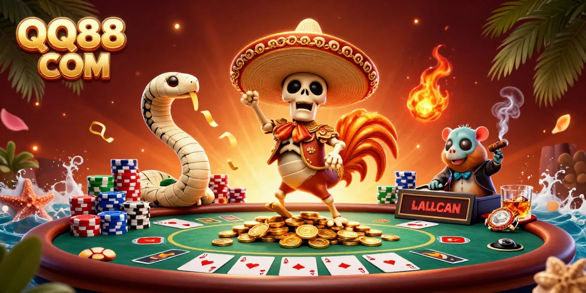 Experience thrilling gambling action with QQ88 COM in a vibrant, ultra-detailed casino scene.