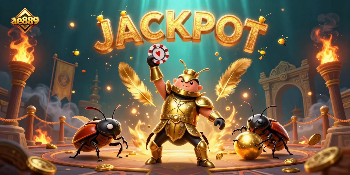 Engage in thrilling gameplay with ae889 as a victorious beetle lifts a poker chip, celebrating big wins!