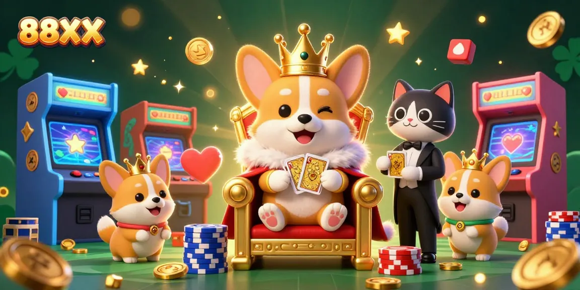 Play with luck at 88XX casino featuring a cartoon royal corgi surrounded by gaming elements.