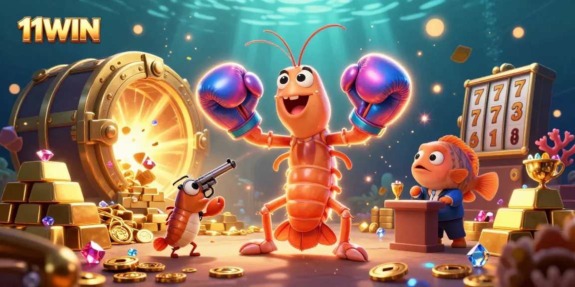 11WIN showcases a vibrant casino scene with 3D cartoon mantis shrimp and gaming elements, exemplifying winning thrill.